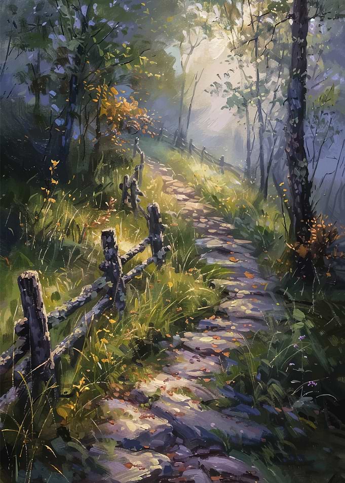 Sunlit Forest Path Painting
