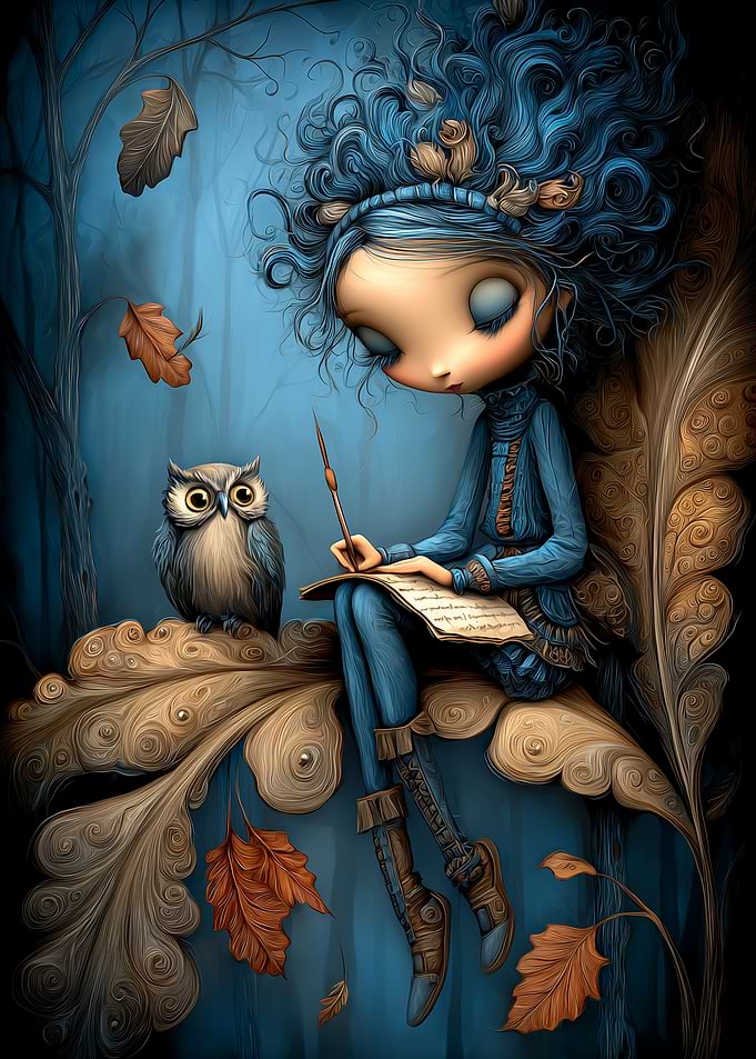 Whimsical Girl Writing with Owl Companion