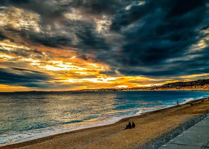 Dramatic Sunset Nice France Mediterranean Waves Promenade Anglais Cote Azur Seascape