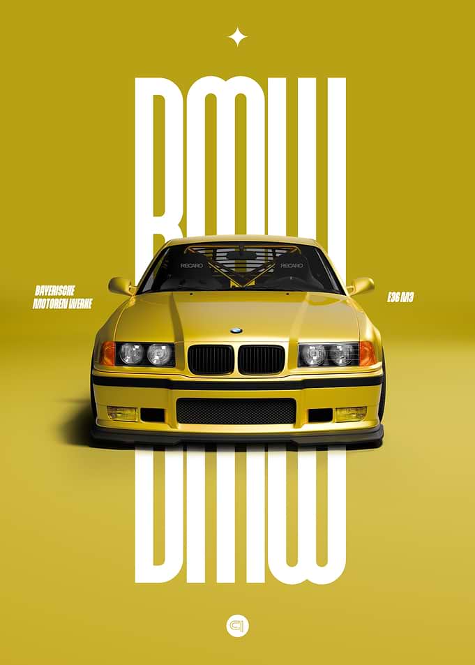 BMW E36 M3 Yellow Car Poster