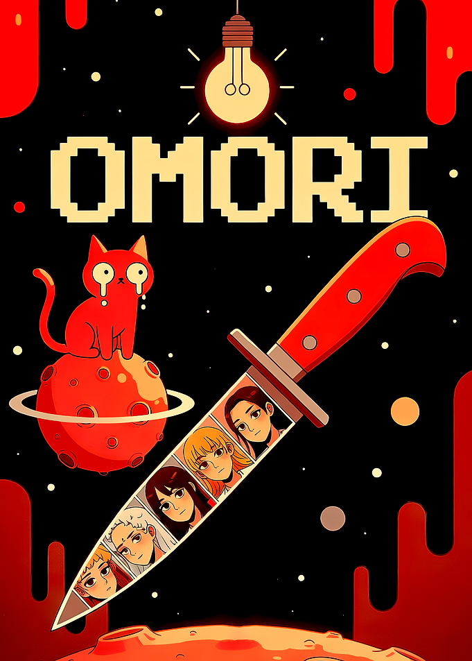 Omori game poster with red elements