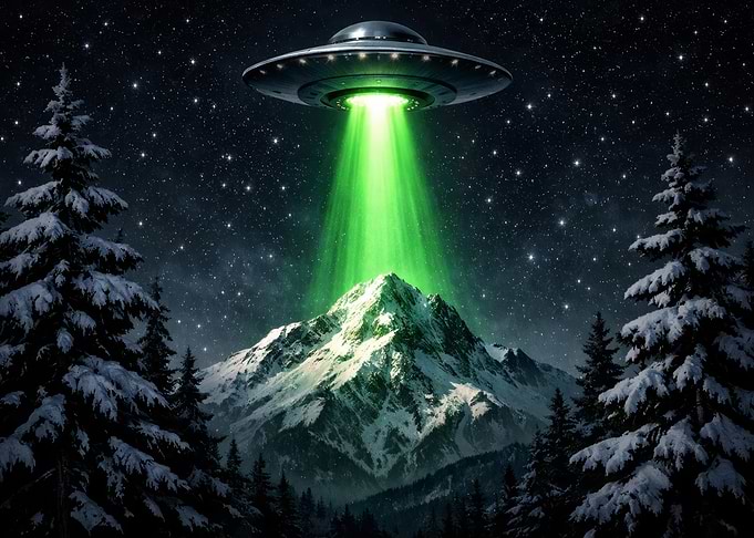 UFO over snowy mountain at night