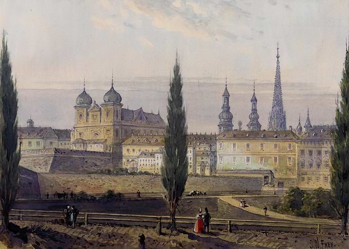 Cityscape Painting with Buildings and People