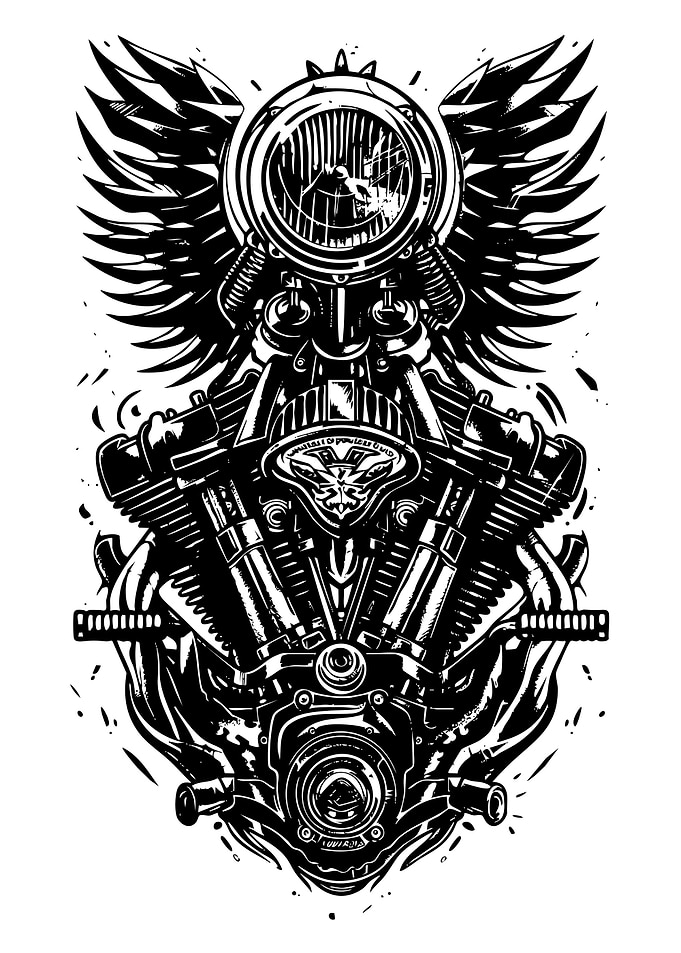 Motorcycle Engine Black and White Illustration