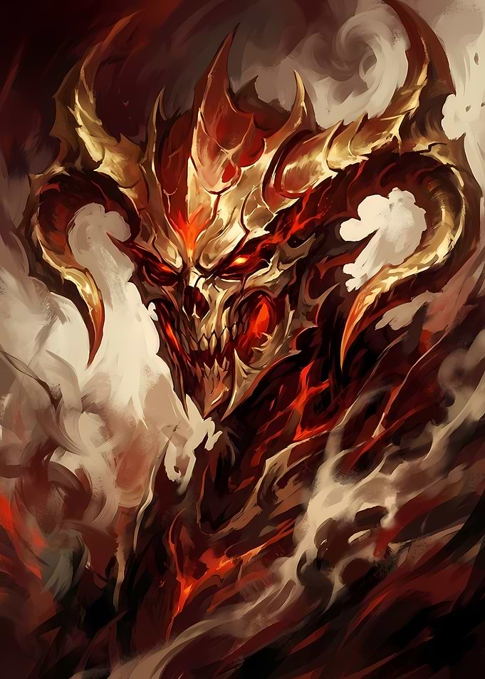 Fiery Demon with Horns and Skull