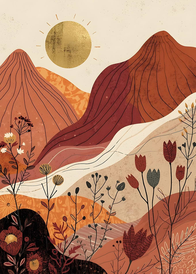 Boho Mountain Landscape with Floral Elements
