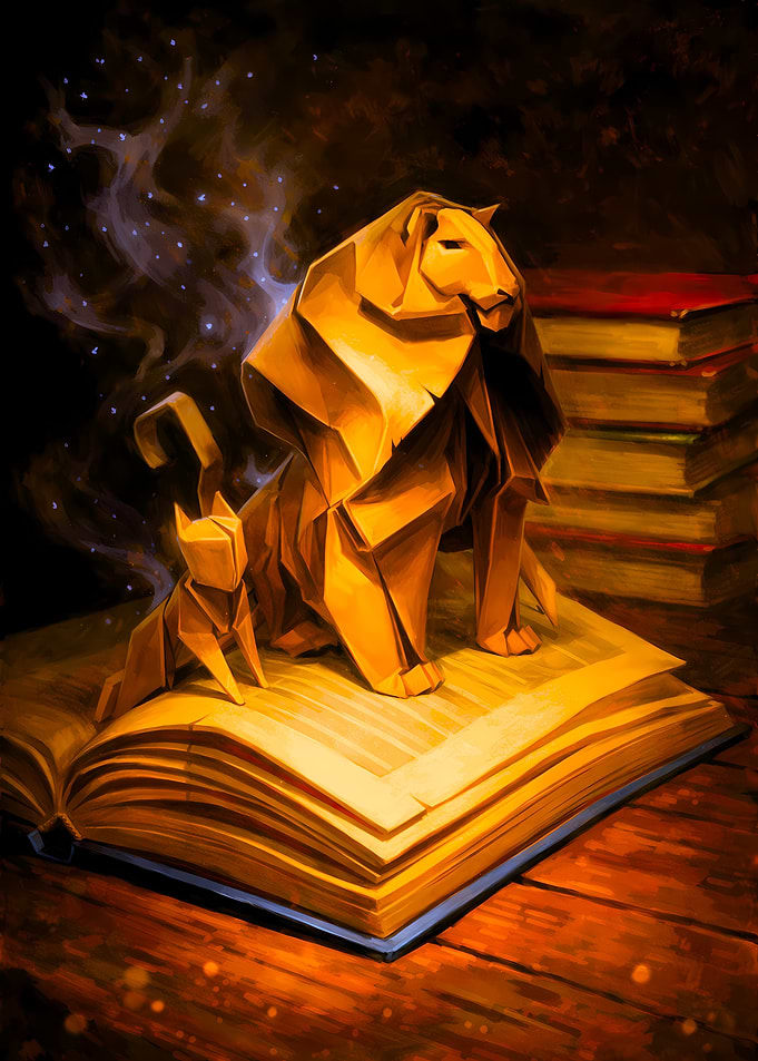 Origami Lion and Cat on Book