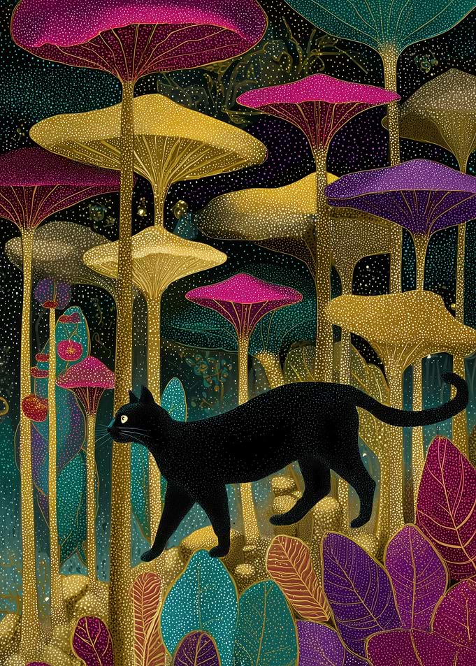 Black cat in a mushroom forest