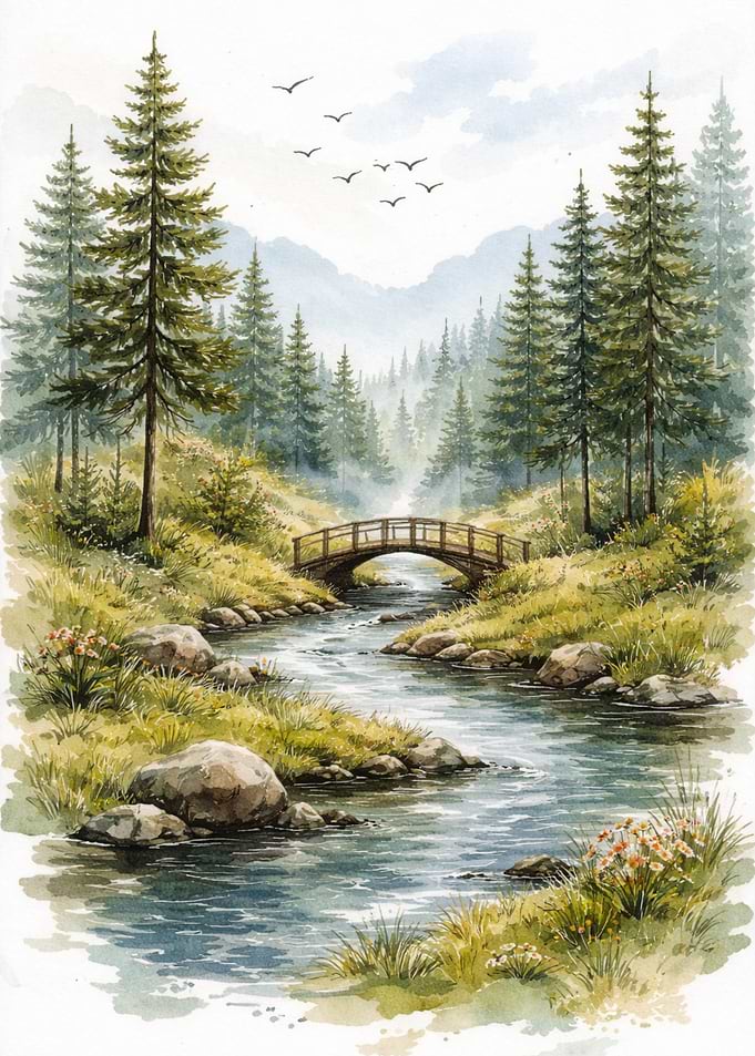 Watercolor Landscape with Bridge and River