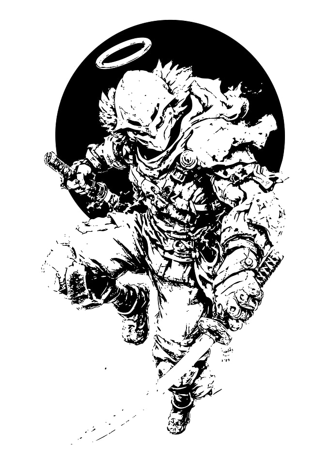 Monochrome Angelic Warrior with Swords