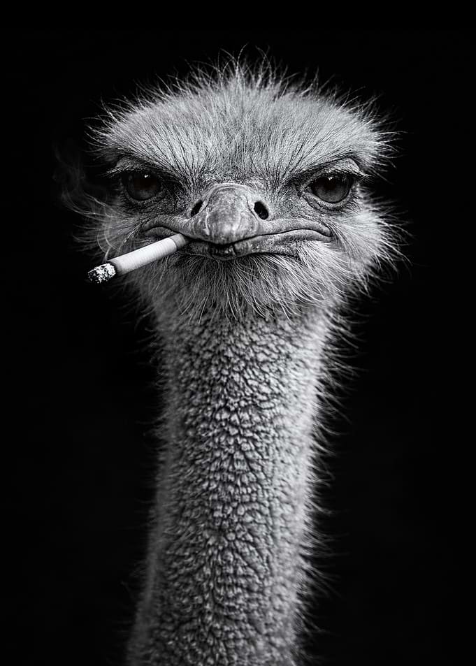 Smoking Ostrich Portrait in Black and White