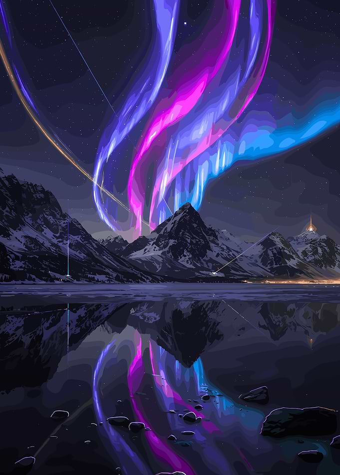 Aurora Borealis over Mountain Lake