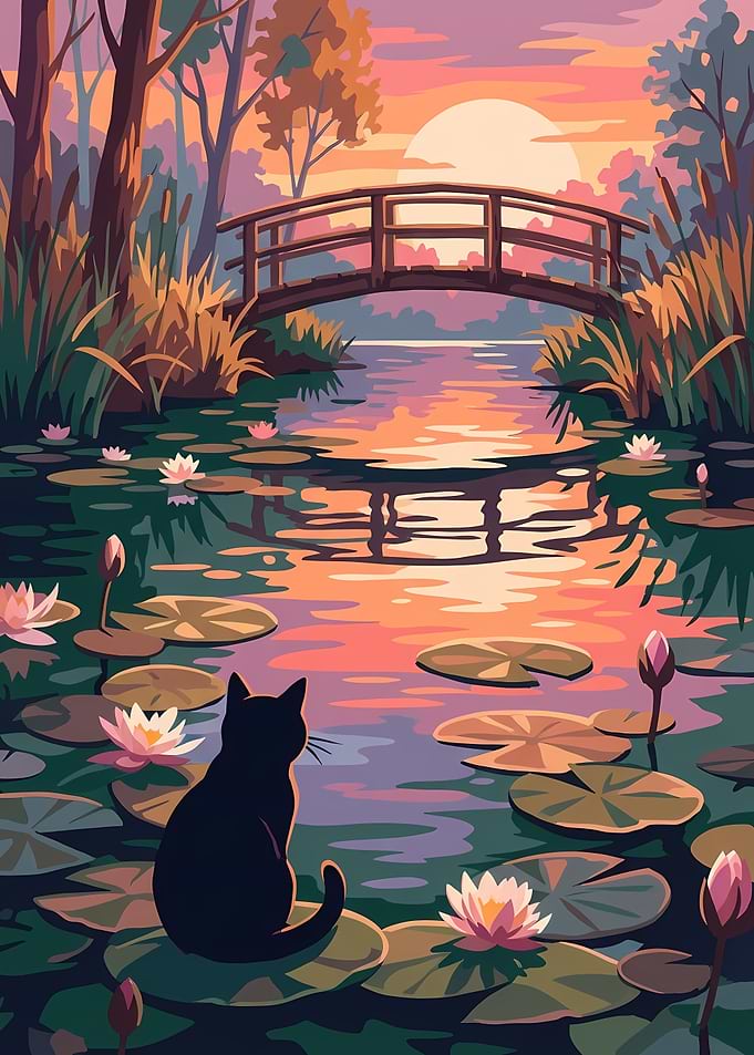 Black cat in a lily pond