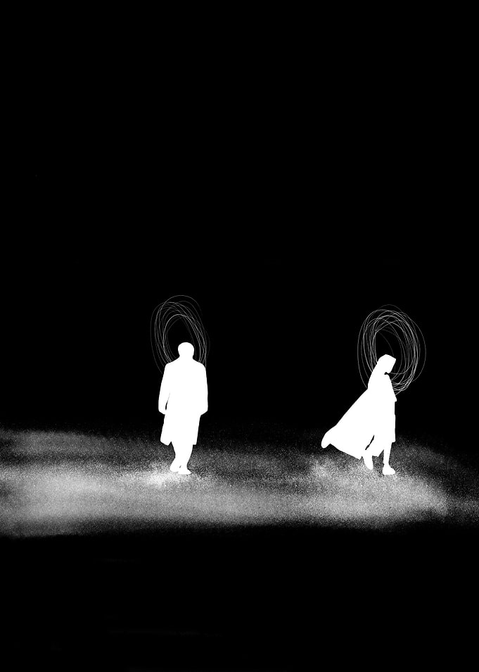 Monochrome Figures with Circular Auras