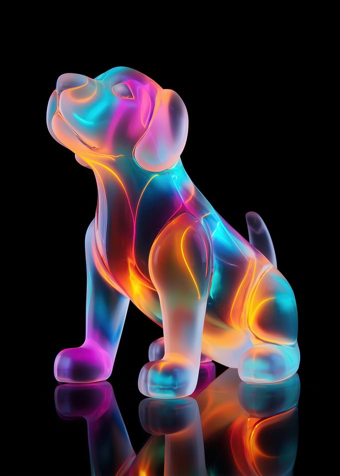 Neon Puppy Sculpture on Black Background