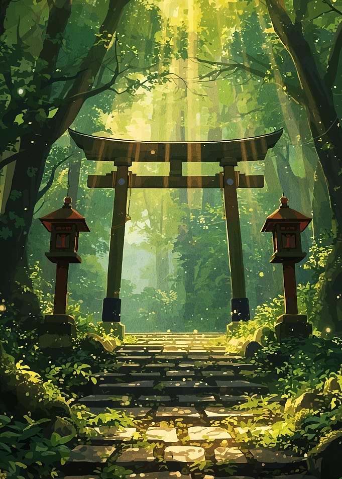 Torii Gate in Lush Green Forest