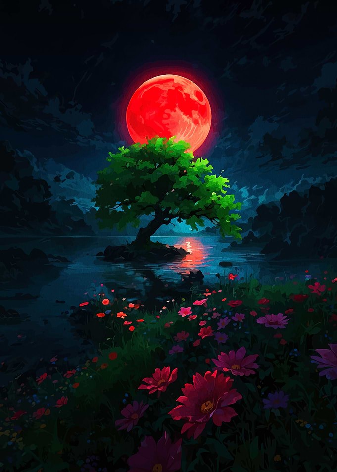 Red Moon Over Tranquil Landscape