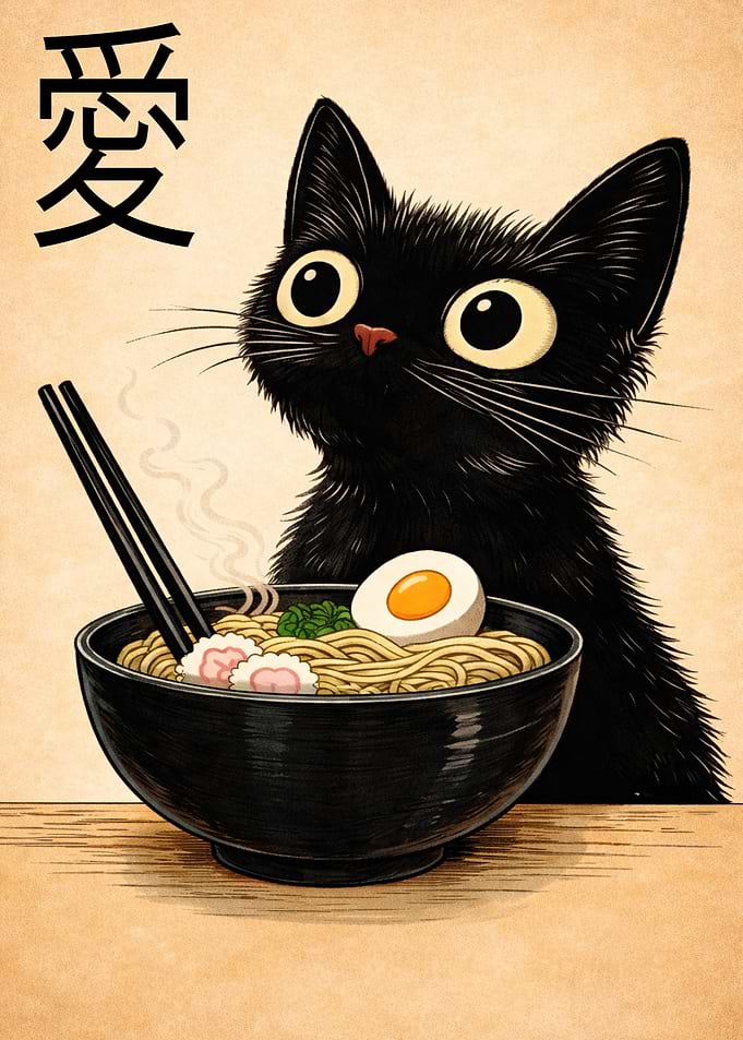 Black Cat with Ramen Bowl Illustration