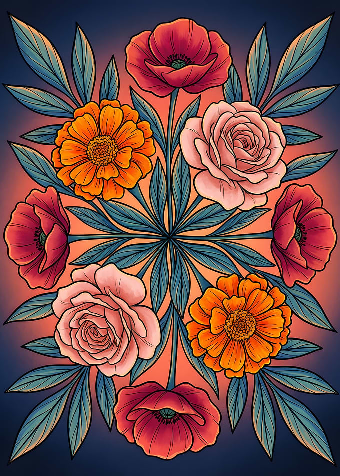 Floral Arrangement with Roses, Poppies, Marigolds