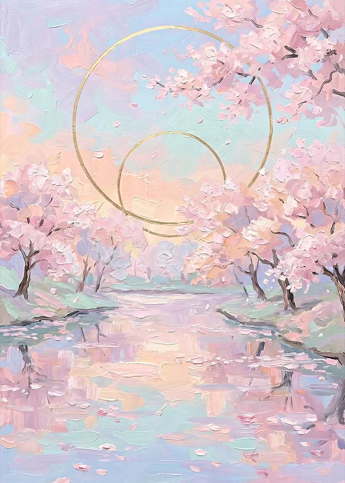 Cherry Blossoms Along a River – Japanese Landscape Pastel Art
