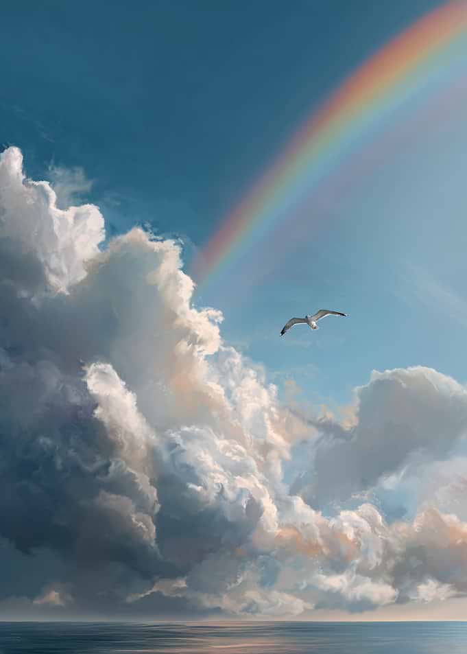 Rainbow in the clouds with a seagull flying over the ocean.