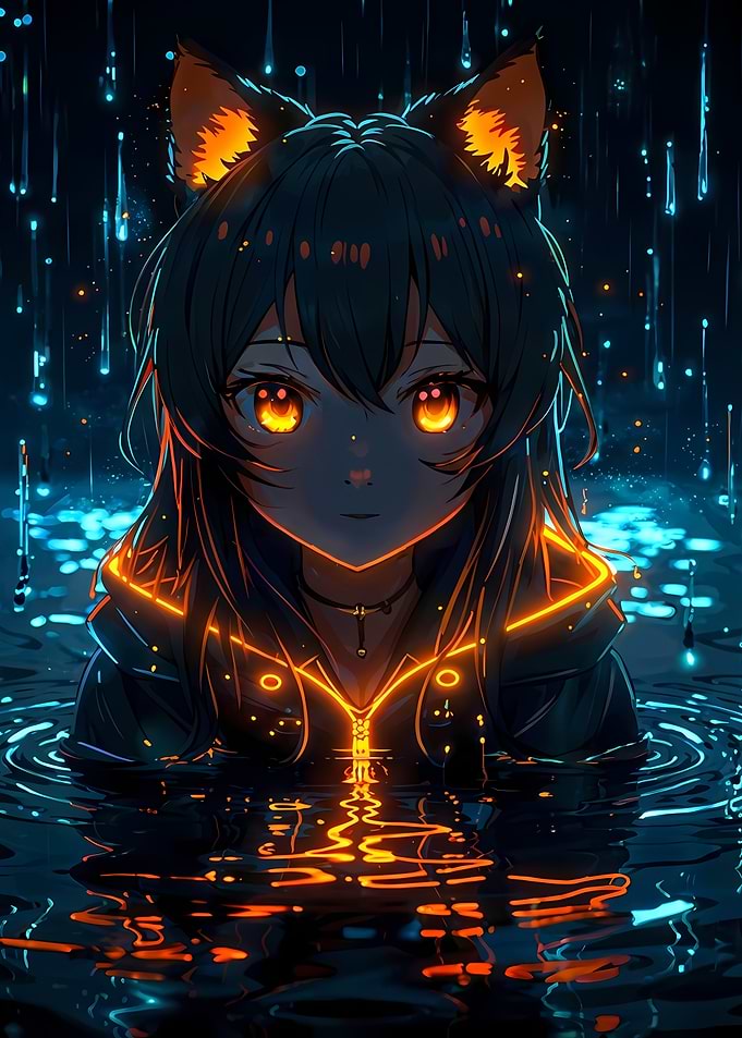 Anime Girl with Fox Ears in Rain