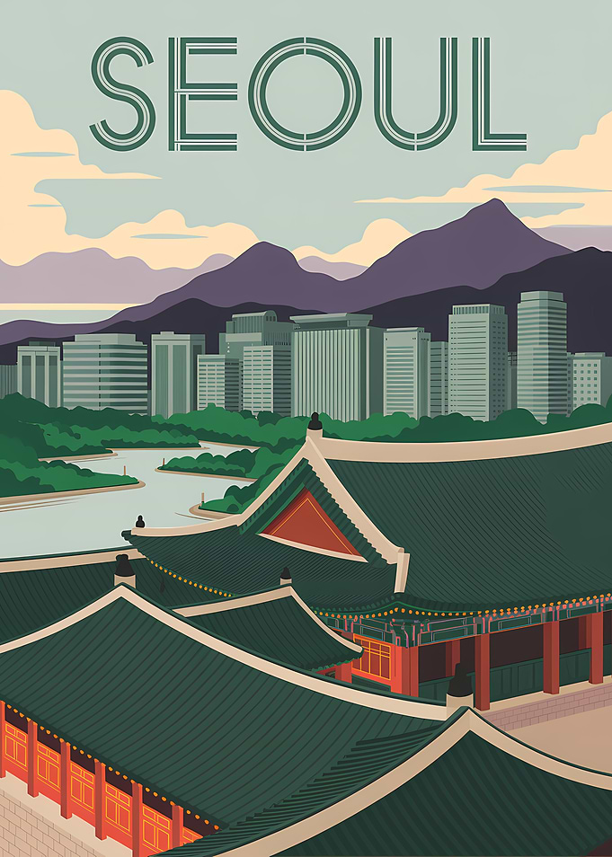 Seoul Cityscape Vintage Travel Poster