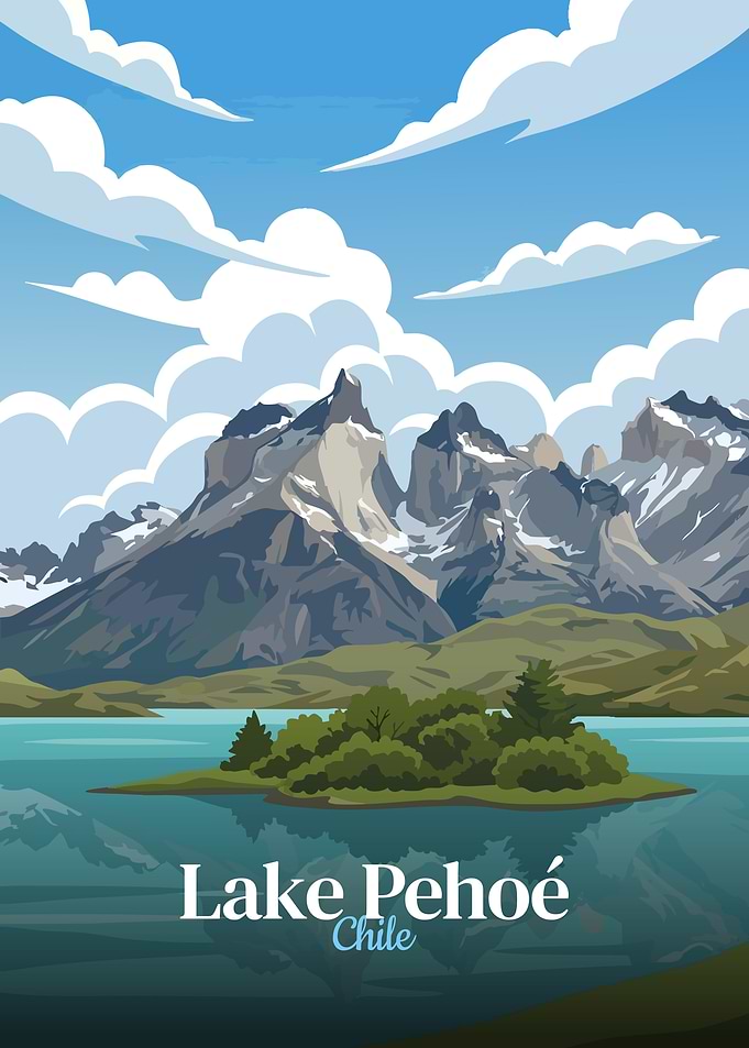 Lake Pehoé, Chile Landscape Illustration