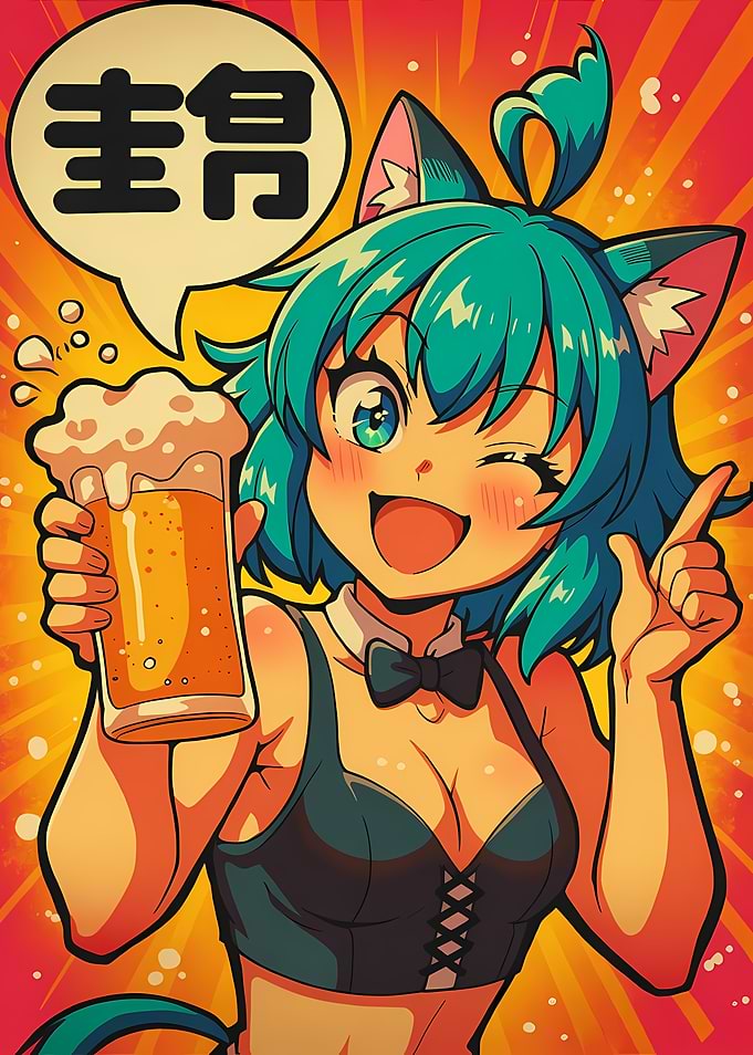 Anime Cat Girl with Beer