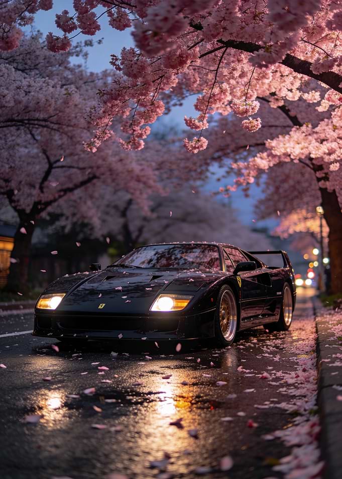 Black Ferrari F40 under Cherry Blossoms