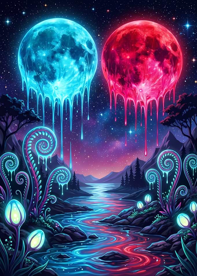 Surreal Landscape with Melting Moons