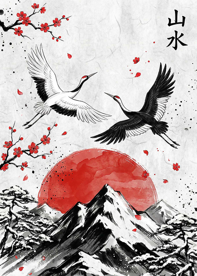 Japanese Landscape with Cranes and Mountain