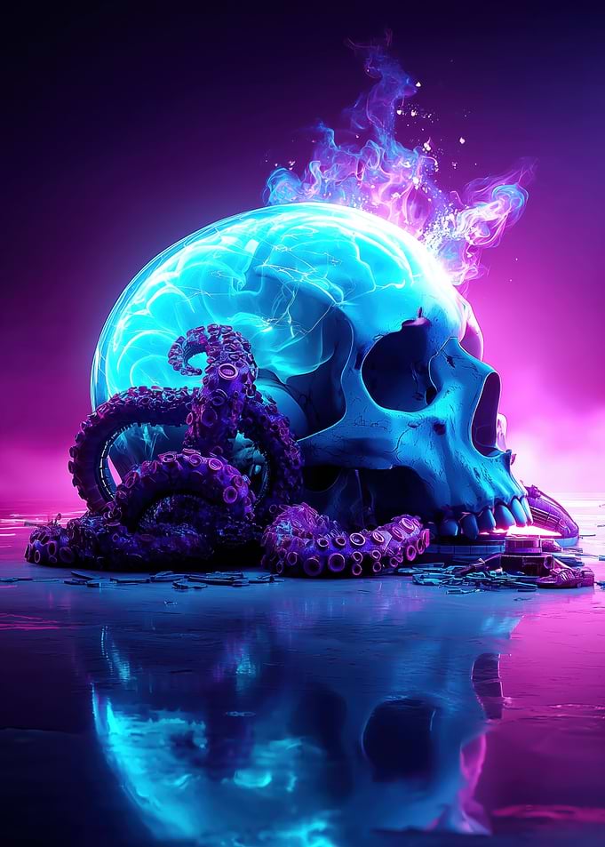 Neon Skull with Octopus and Flames