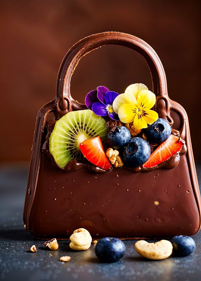 Chocolate purse with fruit and flowers
