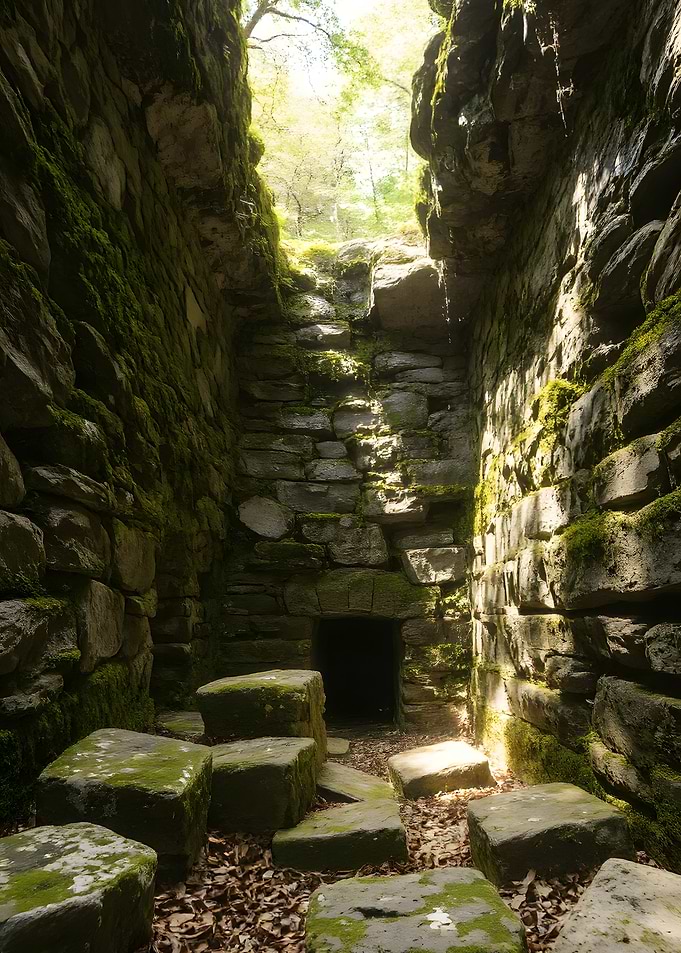Mossy Stone Passage with Light Beam