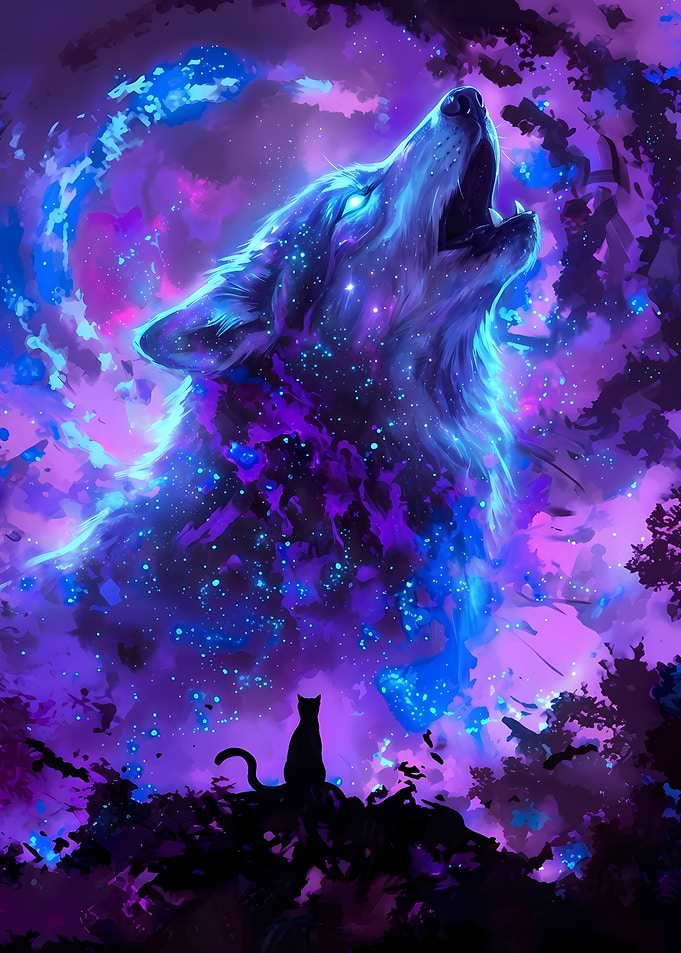 Cosmic Wolf Howling with Cat Silhouette