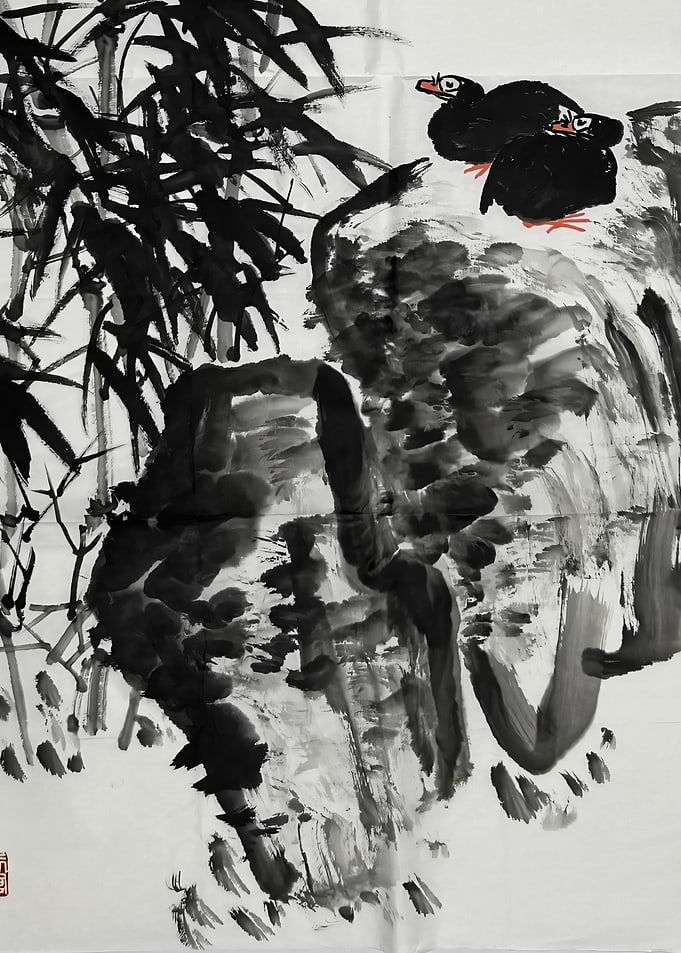 Ink Painting of Birds and Bamboo