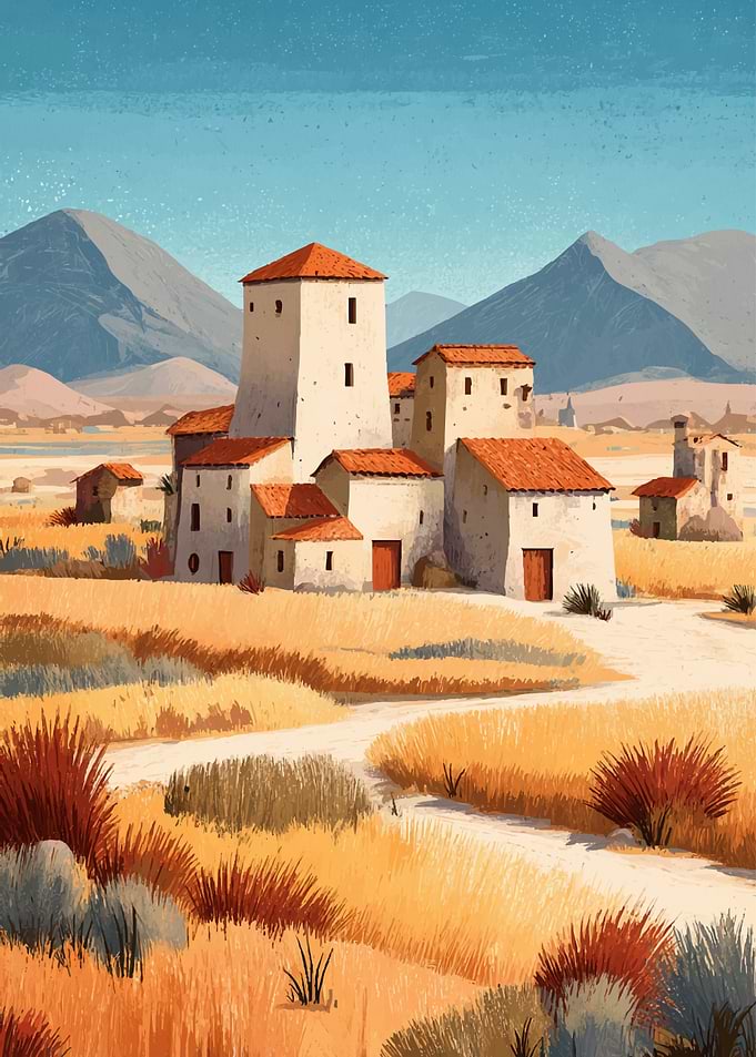 Rural Village Landscape with Tower