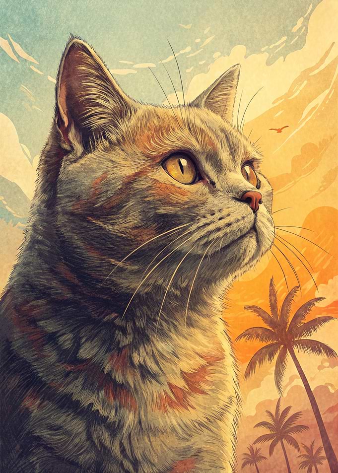 Cat Portrait with Tropical Background