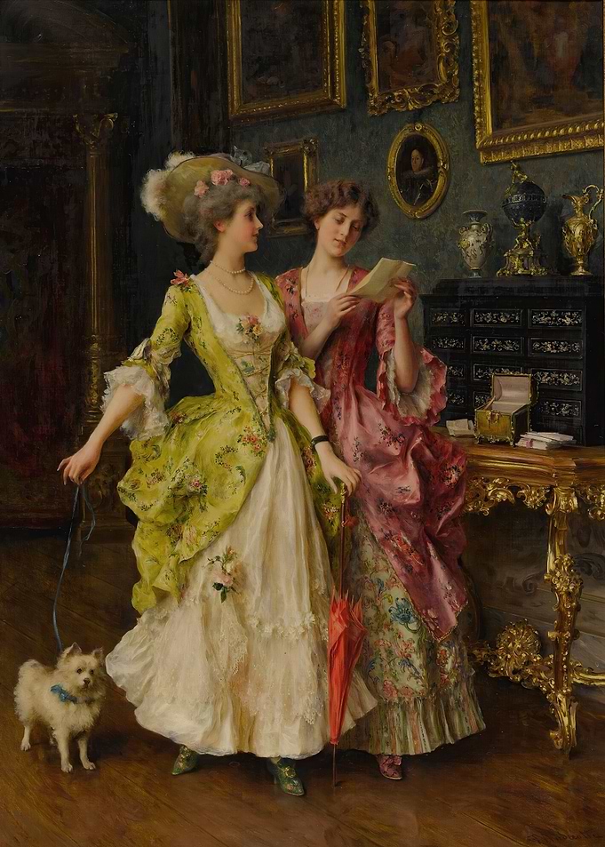 Two Women Reading Letter with Dog