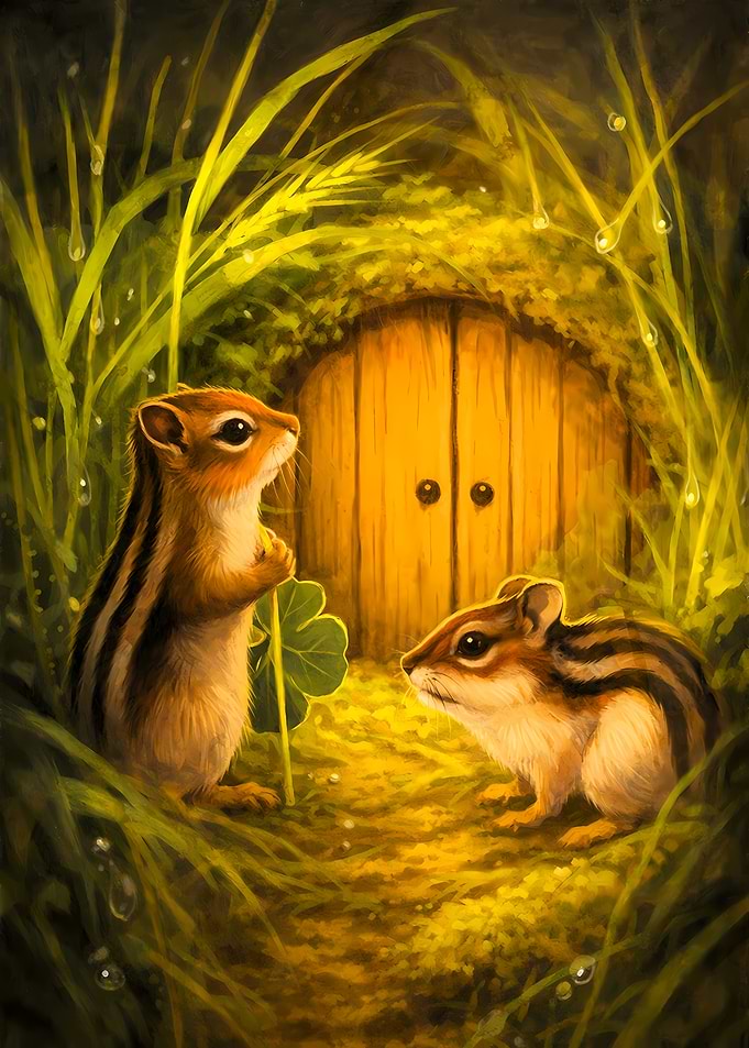 Chipmunks at a Tiny Wooden Door