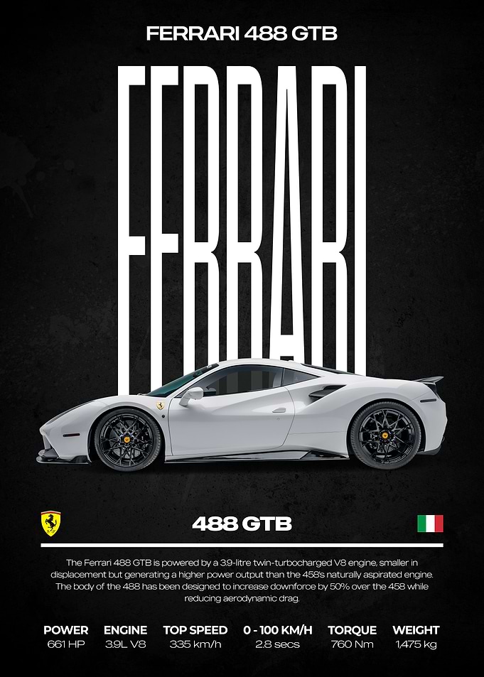 Ferrari 488 GTB White Car Poster
