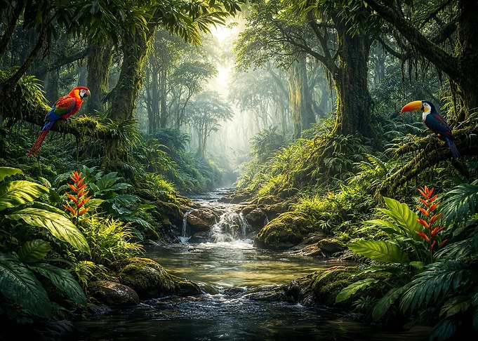 Lush Tropical Rainforest with Birds