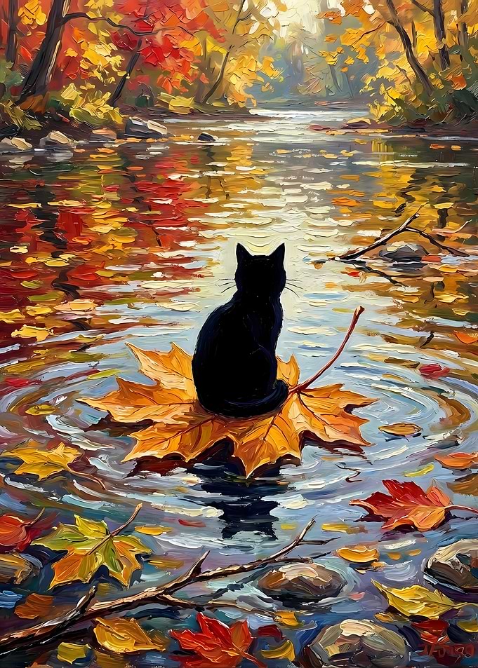 Black Cat on Autumn Leaf Painting