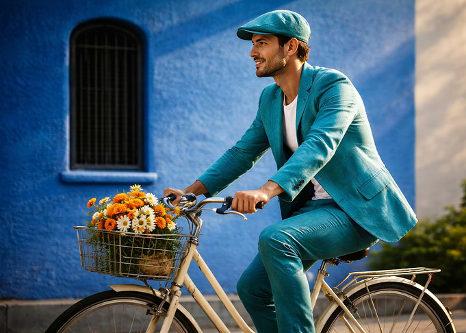 Man in Teal Suit on Bicycle