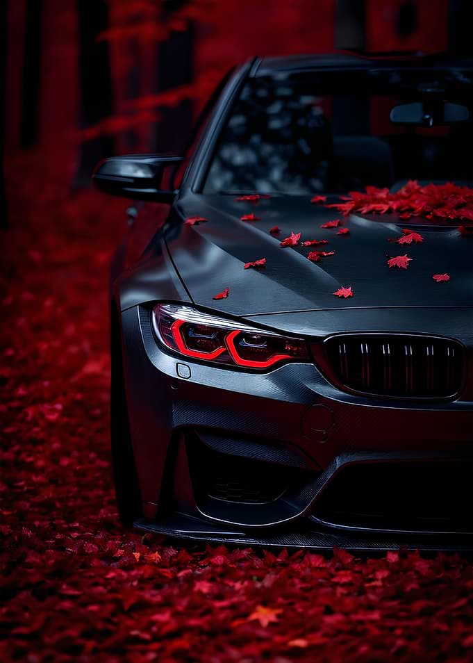 Sleek Car with Autumn Leaves