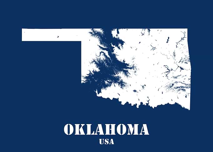 Oklahoma USA State Minimalist White Topographic Contour Relief Map featuring terrain on navy blue background