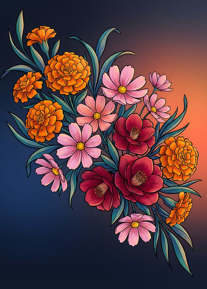 Floral Bouquet with Marigolds and Cosmos