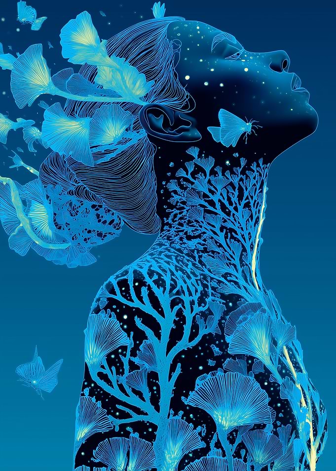 Blue ethereal woman with nature elements