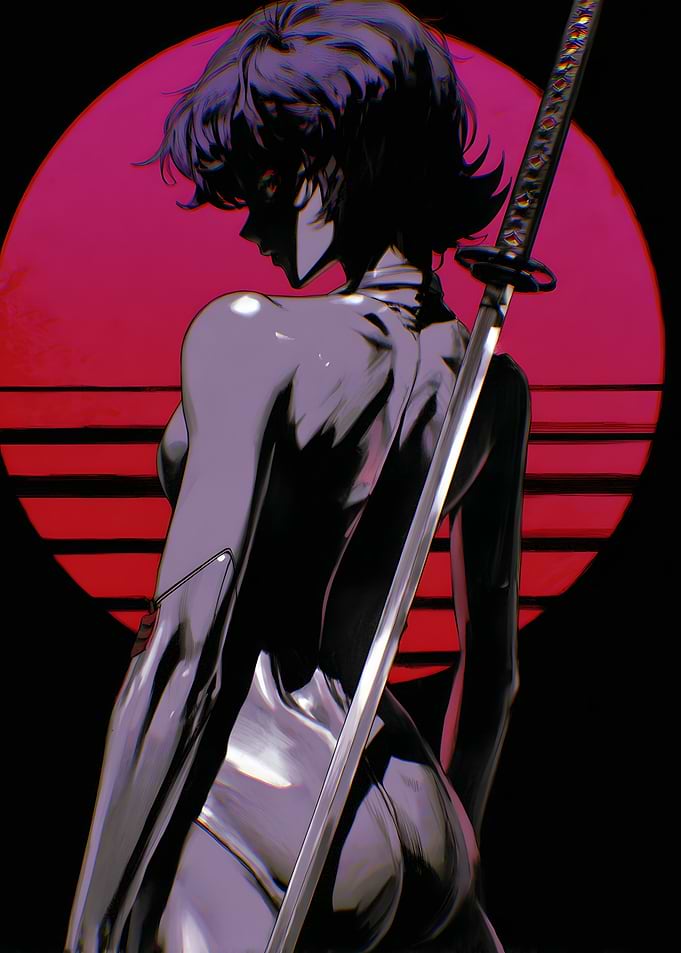 Cyberpunk Woman with Katana and Sunset